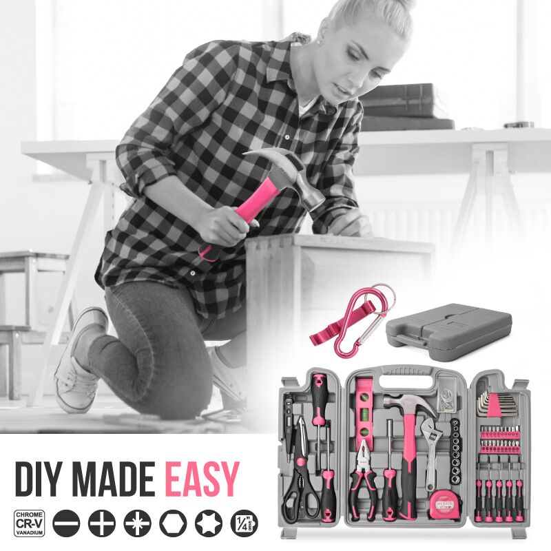 56pcs Pink Home Tool Kit Basic Håndværktøj Reparationer af æske Komplet værktøjssæt til kvinder